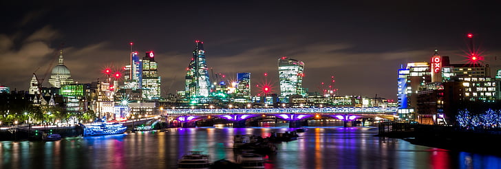 Londýn, noční, světla, Řeka Temže, Panorama, krajina, budovy