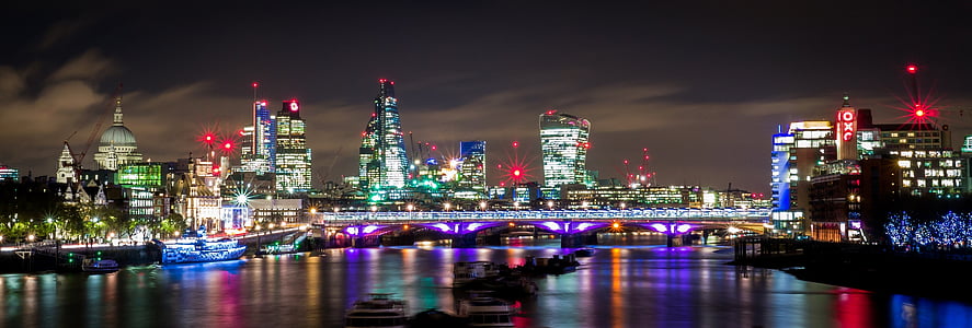 London, natt, lampor, Themsen, Panorama, landskap, byggnader