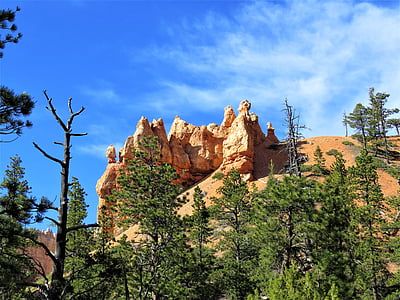 Bryce canyon, Utah, červený pískovec, modrá obloha, pěší turistika