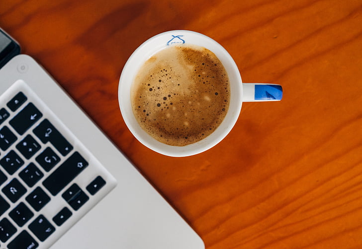cà phê, mug, gần, máy tính xách tay, cà phê espresso, MacBook, máy tính