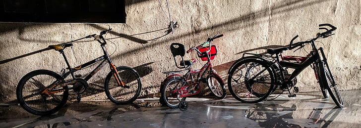 Sepeda, parkig, perkotaan, dinding, siklus, cahaya matahari terbenam, Sepeda