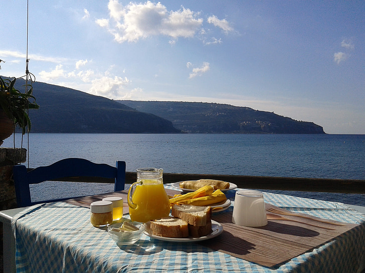 Raňajky, more, jedlo, zdravé, pomarančový džús, Grécko, Ostrov