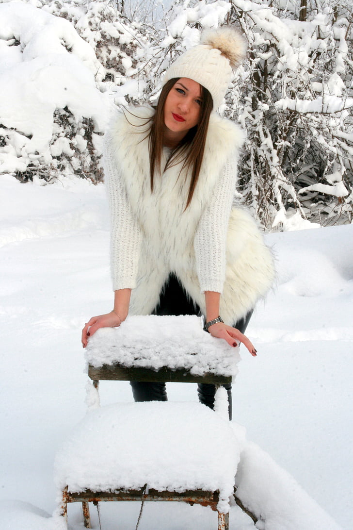 jeune fille, neige, chaise, blanc, FEERIE, hiver, blonde