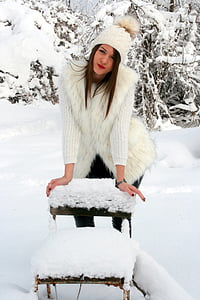 Dziewczyna, śnieg, krzesło, biały, Feeria, zimowe, Blondynka