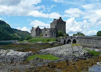 eilean donan castle, scotland, castle, masonry, landscape, clouds, history
