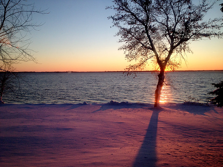 sunset, lake, winter