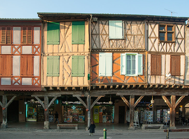 france, mirepoix, timbered houses, arcades, shutters