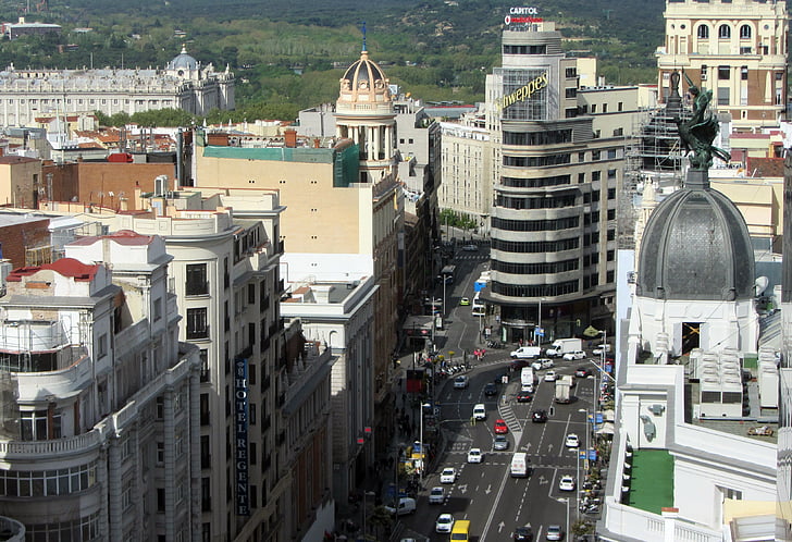 ciutat, Madrid, gran manera, Avinguda, cotxes, trànsit, edificis