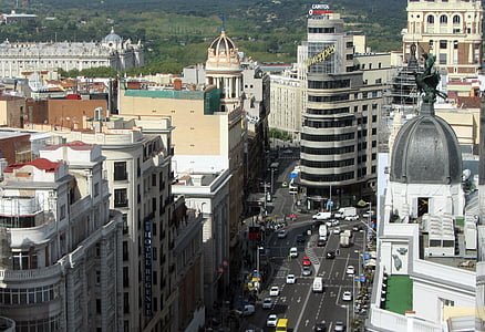 staden, Madrid, bra sätt, Avenue, bilar, trafik, byggnader
