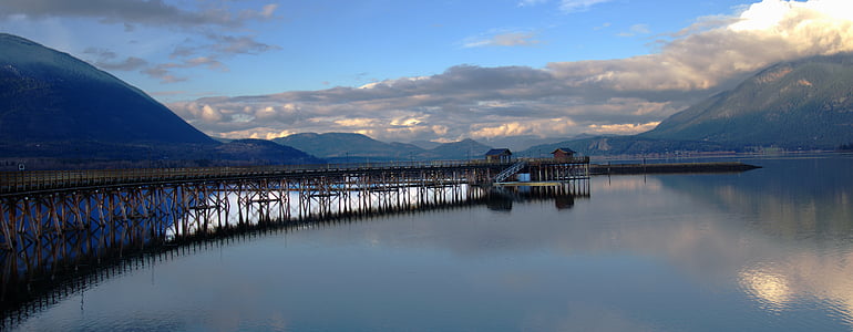 lake, landscape, outdoors, panoramic, pier, reflection, river