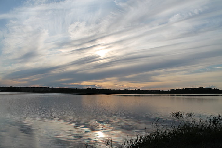 lake, water, reservoir, nature, sky, clouds, sunset