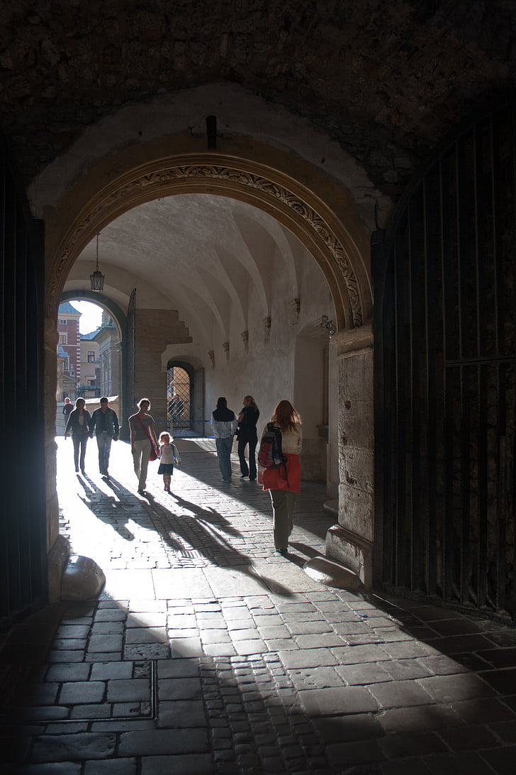 people, gated cloister, archway, krakow, poland, vaulted roof, architecture