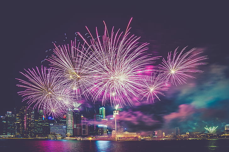 fireworks, purple, city, celebration, water, reflection, festive