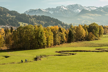 Allgäu, miško, pieva, Bach, kalnai, rudenį, rudens spalvos
