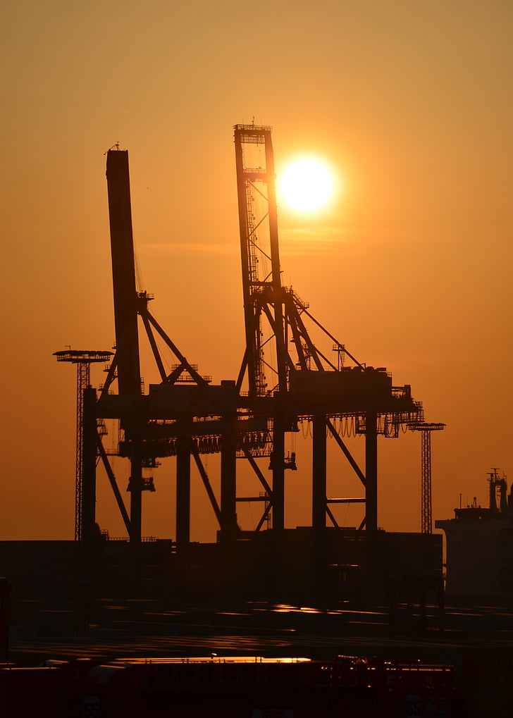 harbour cranes, gantry cranes, industry, port, sunset, harbour romance, harbor impressions