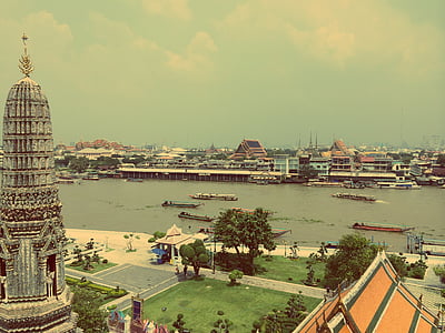 Bangkok, Thaiföld, folyó, víz, csónakok, hajók, Ázsia