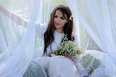 girl, veil, white, beauty, long hair, bride, women