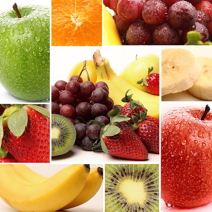 Apple, orange, banannen, Kiwi, druer, jordbær, frugt