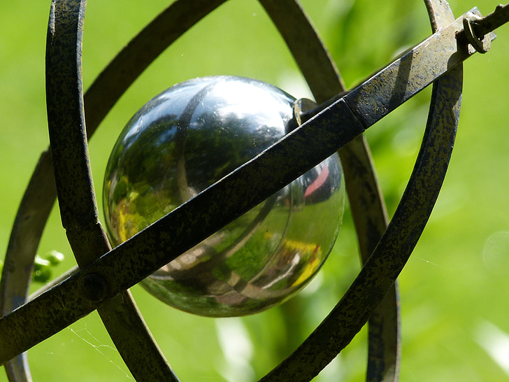 metal, ball, chrome, garden, decoration, reflection, close-up