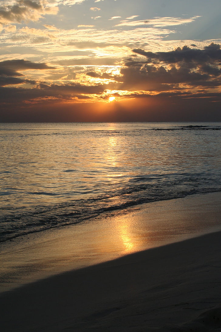 sunset, sea, horizon, sun, beach, atmosphere, caribbean