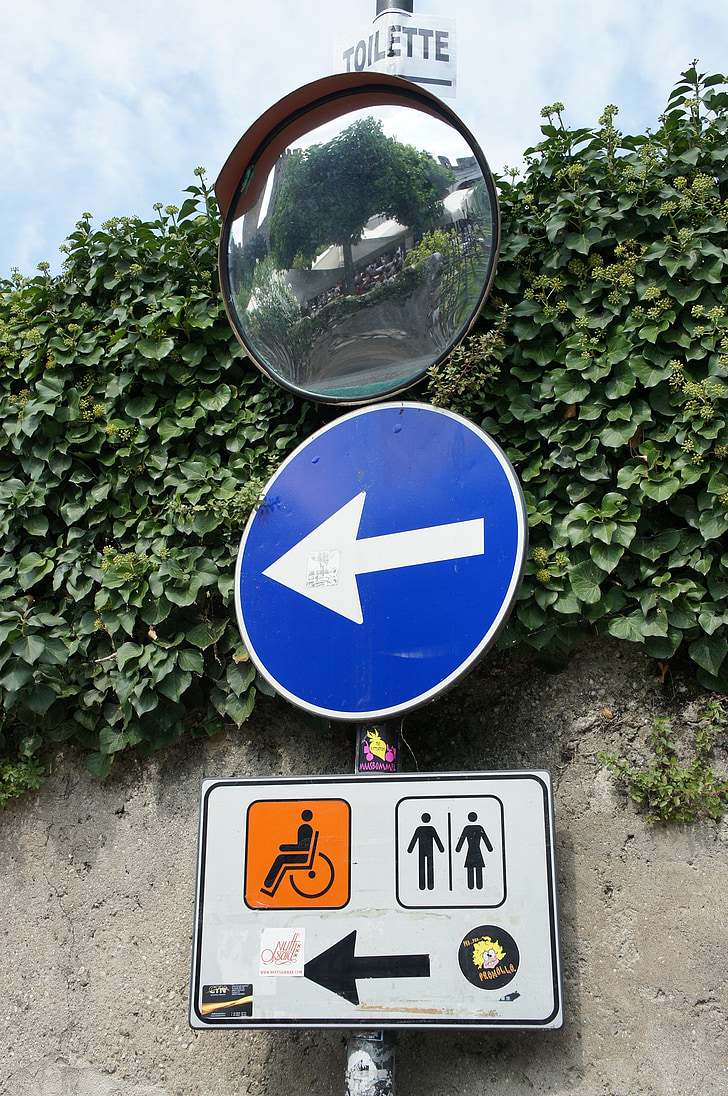 traffic sign, directory, toilet, arrow, toilet sign, mirror, signposts