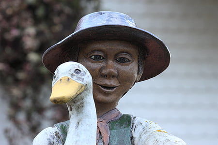 figure, black, boy, goose, deco, sculpture, garden decoration