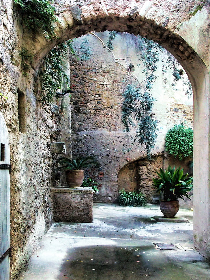 Itaalia, Ischia, Castello Aragoni, läbipääsu, kivi, seina, taime potid