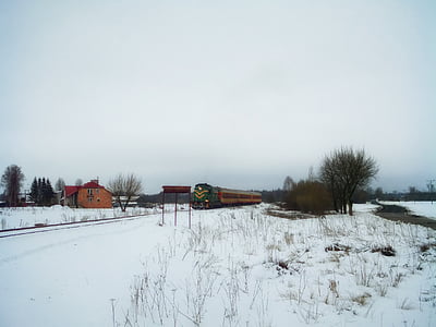 poland, train, winter, snow, sky, clouds, landscape