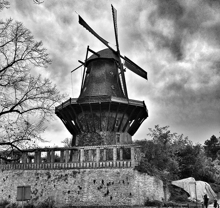 windmill, black white, berlin, potsdam, clouds, wall, old