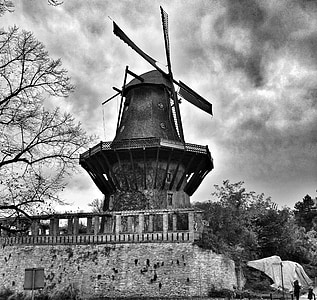 windmill, black white, berlin, potsdam, clouds, wall, old