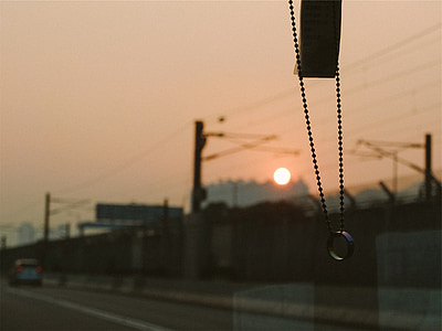 pärlor, Ring, vindrutan, körning, Road, solnedgång
