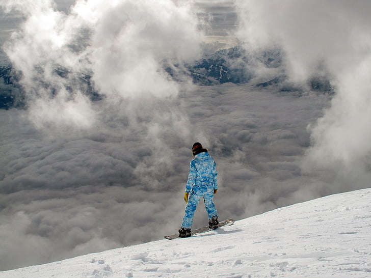Trượt tuyết, nhìn từ trên cao, núi, đám mây, snowboard, mùa đông, tuyết