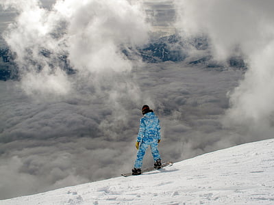 snowboarding, aerial view, mountain, clouds, snowboard, winter, snow