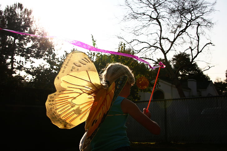 matahari, Gadis, Bermain, kupu-kupu, siluet, sayap, terbang