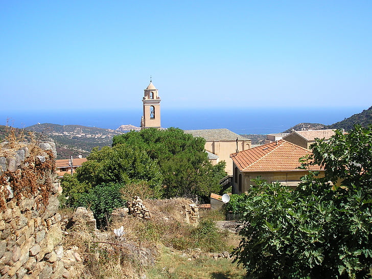 landscape, corsican, balagne, bell tower, campanile, path, promenade