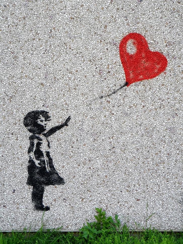 muurschildering, meisje, ballon, kind, hart, graffiti, onschuldige
