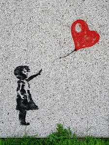 väggmålning, Flicka, ballong, barn, hjärtat, Graffiti, oskyldiga