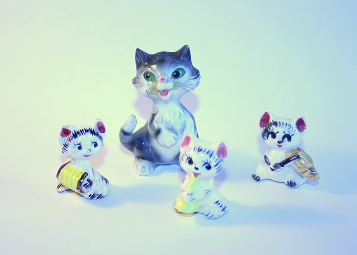 kočka, figurka, hračka, porcelán, ročník, kočkovitá šelma, orchestr