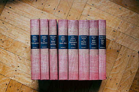 colección, enciclopedias, libro, madera, clásico, autor, borde