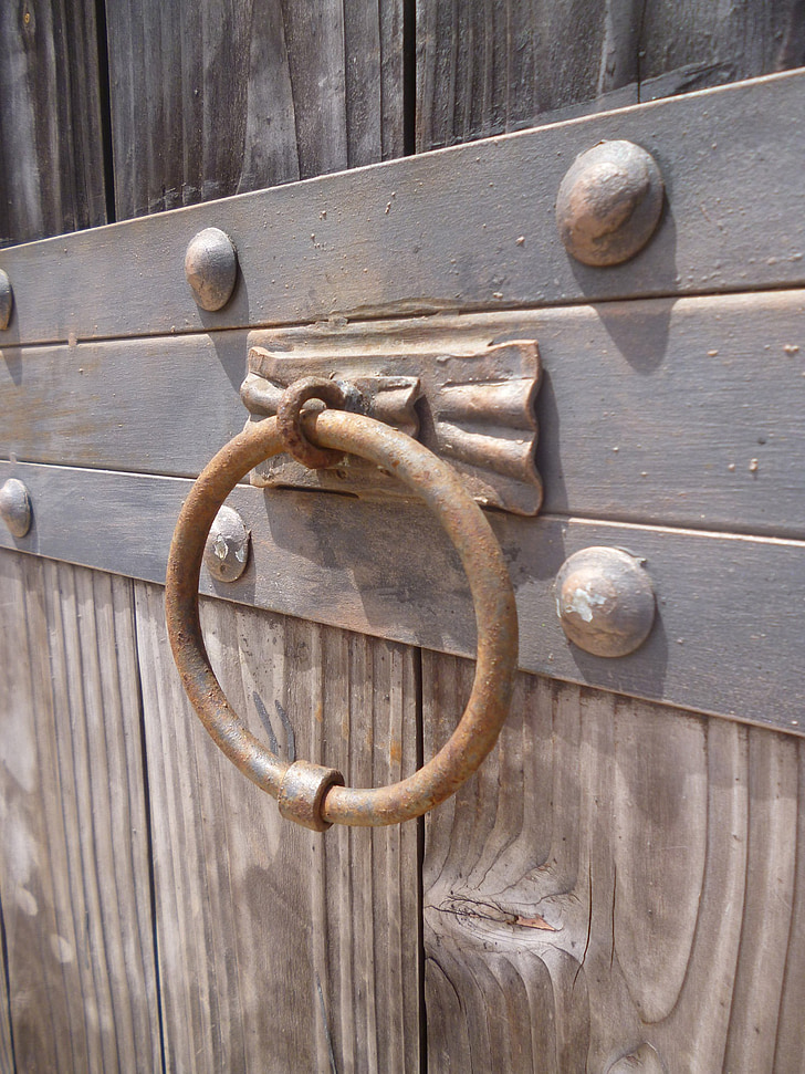 knocker, knock, gate, wood, metal, metalwork