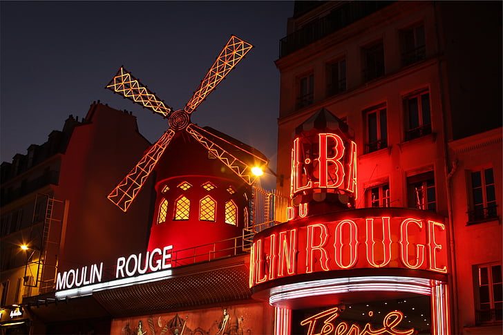 világító, Moulin, gazember, épület, éjszakai, Moulin Rouge, kabaré