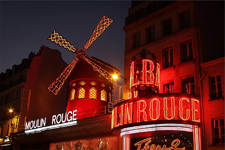 osvetlené, Moulin, Rogue, budova, nočné, Moulin Rouge, kabaret