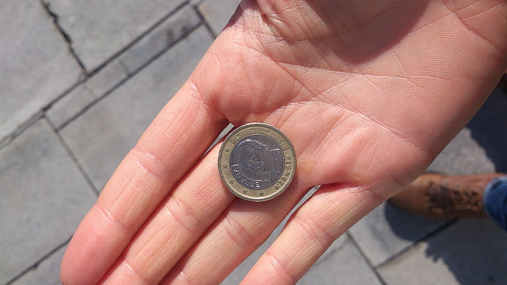 Münze, Geld, Hand, Detail, Spanien