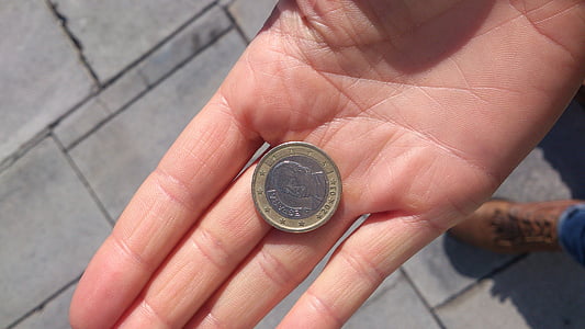 moeda, dinheiro, mão, detalhe, Espanha
