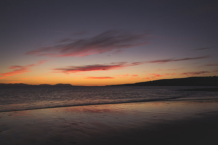 scenery, seashore, gray, sky, daytime, sunset, beach