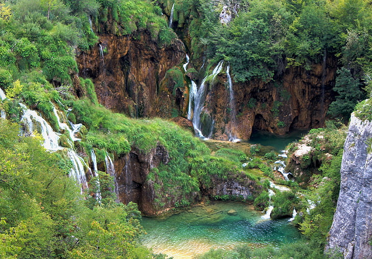 waterfall, nature, croatia, landscape, water, tree, torrent