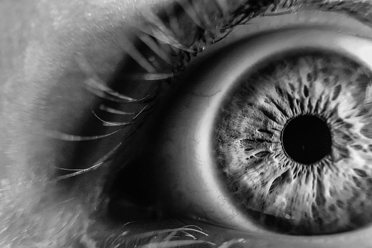 black-and-white, blur, close-up, eye, eye lashes, iris, macro