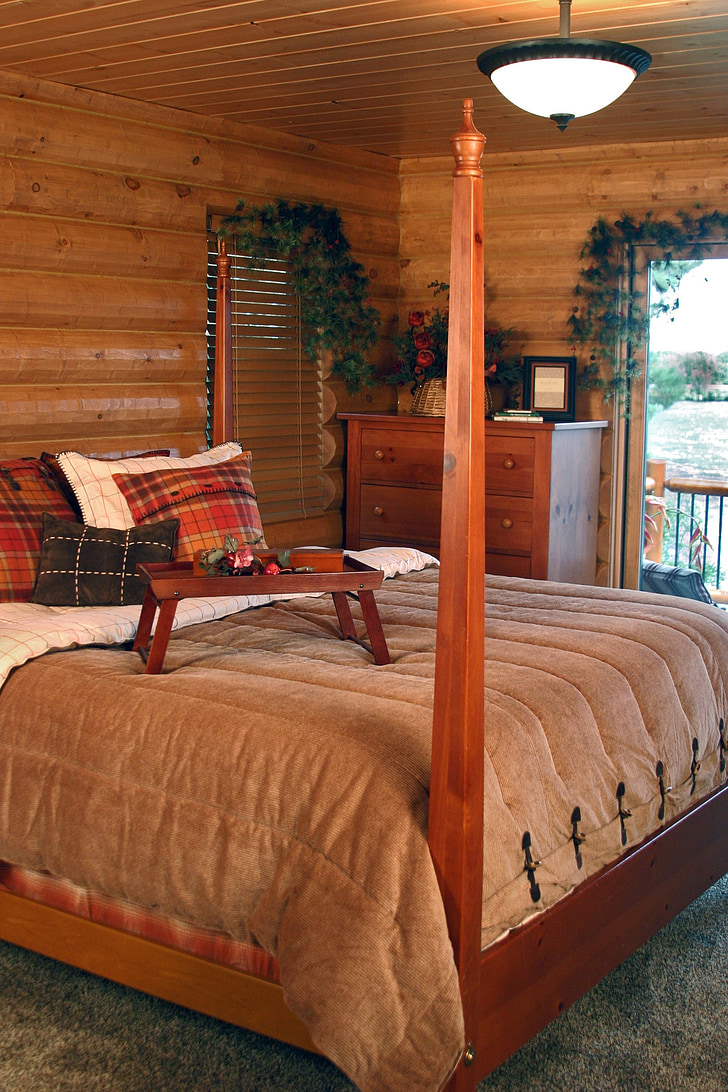 bedroom, master, interior, room, furniture, log home, bed