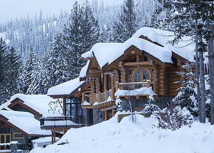 casa de troncs, fusta, edifici, l'hivern, temporada, paisatge, paisatge