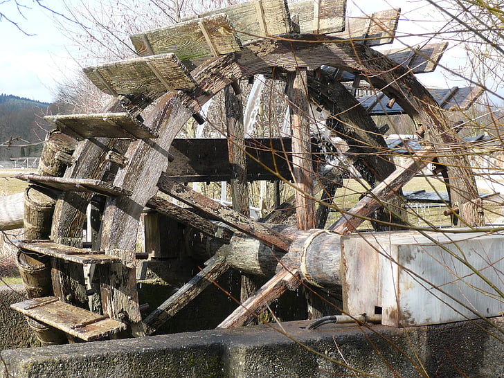 waterwheel, old, wood, woods, water, construction